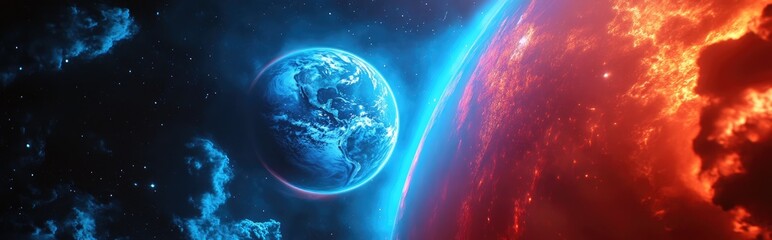Poster - Cartoon 3D rendering of an abstract collage featuring the Earth in outer space Blue marble wallpaper Our home