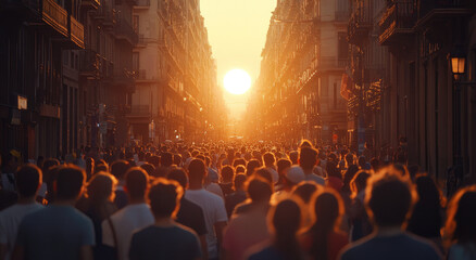 Sticker - A crowd of people walking down the street in Spain during the golden hour