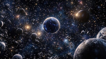 2D illustration featuring a 3D cartoon rendering A realistic star pattern set in deep interstellar space showcasing stars planets and moons Various imaginative science fiction backdrops are depict