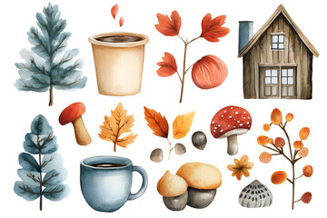 Wall Mural - Cute watercolor illustration of autumn and winter hygge elements collection isolated on white background