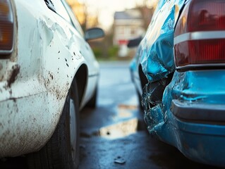 Close up of two damaged cars in accident  white and blue bumpers collided on residential street