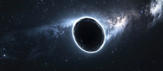 Poster - Black hole slowly rotating in space depicted in 3D cartoon rendering showcasing the event horizon