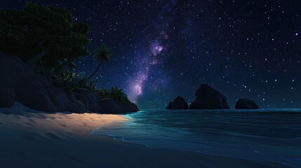 Aufkleber - 3D cartoon visualization of a beach under a dark sky with the Milky Way above
