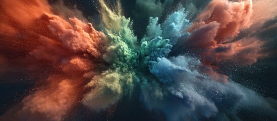 Aufkleber - Explosion of cloudy red green and blue powder depicted in a 3D cartoon rendering Freeze motion of color powder bursts 3D illustration