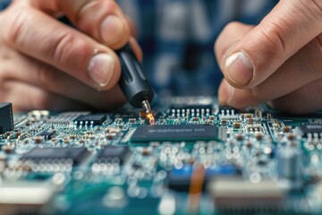 Poster - a close-up view of an individual working on a circuit board, focusing on electronic components and a
