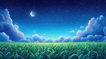 Fototapete - Illustration design background featuring a night sky over a grass field in 3D cartoon rendering