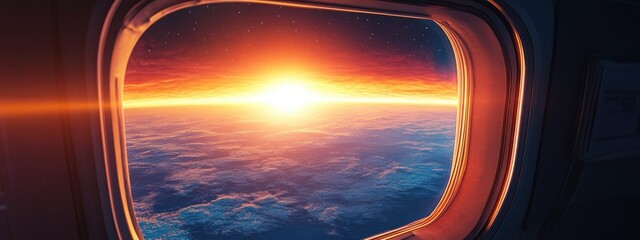 Wall Mural - Fascinating sunrise viewed through a spaceship window in a 3D cartoon rendering