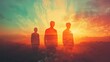 © Thamonchanok - Silhouettes of three individuals standing against a vibrant sunset, creating a serene and contemplative atmosphere.
