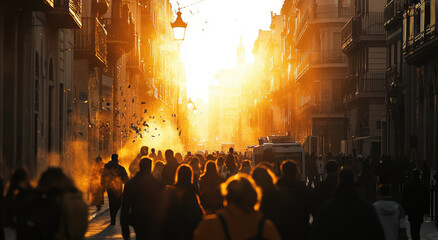 Wall Mural - A crowd of people walking down the street in Spain during the golden hour