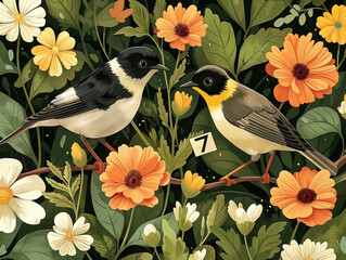 Two birds are perched on a branch in a garden with flowers. The birds are yellow and black. The image is titled 