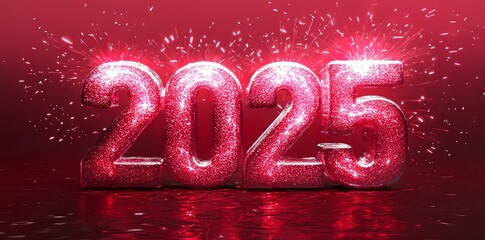 Design--red poster with fireworks celebrating the New Year 2025.