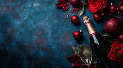 Wall Mural - A festive background with champagne glass and Merry Christmas and Happy New Year wishes