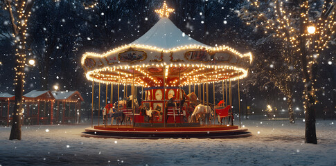 Vintage illuminated carousel spinning at night in amusement park during christmas holidays