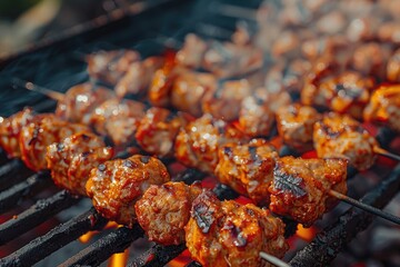 Close up pf delicious chicken breast on wooden skew with fresh vegetables, garlic, paprika fried on mangal barbeque grill and smoke