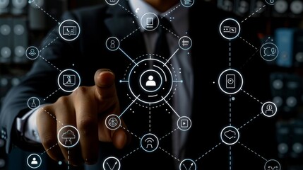 Poster - In a professional setting, a businessman displays business acumen and tech skills using digital technology and virtual interfaces, emphasizing advances in business communication and networking