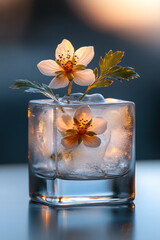 Poster - A cube of ice with a tiny flower frozen inside, creating a visual delight in a glass of elderflower tonic,