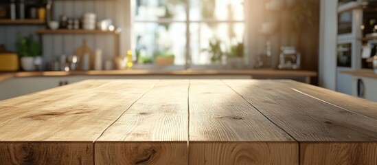 Poster - 3D rendering of an empty beautiful wooden table top with a blurred bokeh effect showcasing a modern kitchen interior background that is clean and bright ideal for product montage