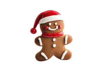 Christmas hat gingerbread man with icing decoration isolated on transparent background.