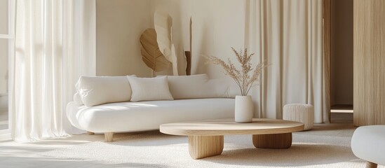 Poster - 3D rendering of a minimalist modern living room featuring a white sofa wooden coffee table and soft curtains showcasing Scandinavian home decor in a light beige color palette