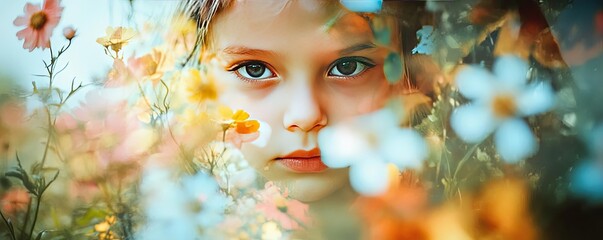 a serene portrait of a child surrounded by vibrant flowers, capturing innocence and the beauty of na