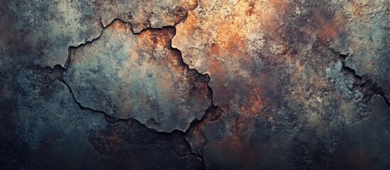 Poster - 3D rendering of an old grunge wall background featuring an abstract design with cracks spots and stains on a damaged surface