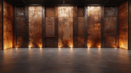 Poster - 3D rendering of an empty abstract room interior featuring rusted metal sheets and an illuminated architectural background