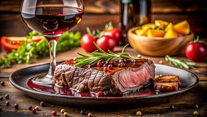 Tender steak entrecote with red wine reduction, elegant style sophisticated, medium rare cooking method, deep red color, fine dining concept refined and sophisticated.