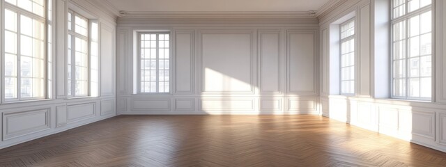 Poster - Empty room with white walls windows and parquet flooring in 3D rendering