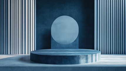 Poster - 3D rendering of a blue abstract geometric background with a podium in a Japanese style