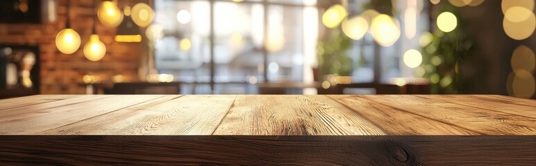 Poster - 3D rendering of an empty brown wooden table with a blurred coffee shop or restaurant background featuring bokeh effects ideal for photomontage or product display
