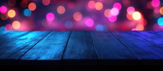 Poster - 3D rendering of an empty dark wooden table with an abstract blurred bokeh background ideal for showcasing or displaying products Layout for space