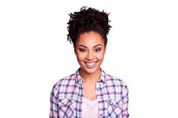 Poster - Close-up portrait of her she nice-looking charming cute attractive shine winsome lovely lovable cheerful cheery wavy-haired girl wearing checked shirt isolated over violet purple pastel background