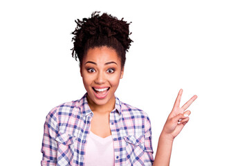 Poster - Close-up portrait of her she nice charming cute attractive winsome lovely cheerful cheery wavy-haired girl in checked shirt showing v-sign good mood isolated over violet purple pastel background