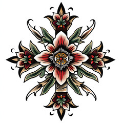 Cross and flower very simple traditional tattoo flash styles illustration