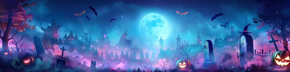 Wall Mural - Dark, haunted Halloween forest landscape with bats in the sky at full moon at night. Spooky Halloween wallpaper background illustration.	