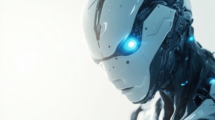 Poster - A close-up of an advanced robotic head with glowing blue eyes, showcasing futuristic design and intricate mechanical details.