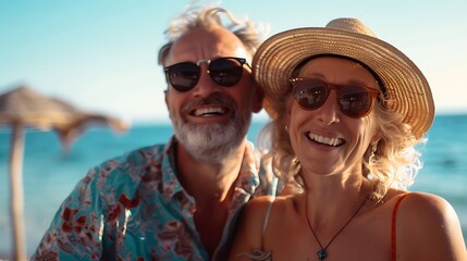 Poster - A joyful couple smiling together at the beach, enjoying a sunny day.