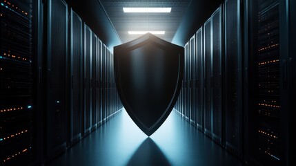 Poster - A digital fortress representing cybersecurity, with a sleek shield in a high-tech server room, symbolizing data protection.