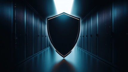 Poster - A digital shield symbol in a dark server room symbolizes cybersecurity and protection in a modern technological environment.