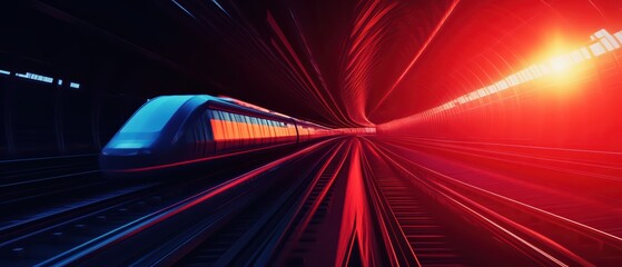 Wall Mural - A dynamic train speedily traveling through a neon-lit tunnel, showcasing futuristic transportation and vibrant lighting effects.