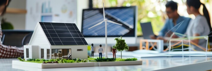 Poster - Renewable Energy Concept Architects collaborate on a model house powered by solar panels and a wind turbine, showcasing modern technology and ecofriendly design in their workspace