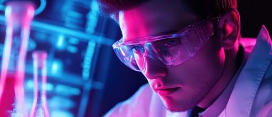 Poster - a focused scientist in a lab coat examines samples under glowing lights, showcasing innovation in mo