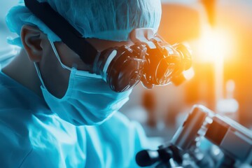 Poster - a focused scientist examines specimens under a microscope in a laboratory, showcasing precision and 
