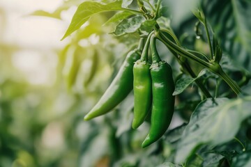 Green Chili Peppers Growing on a Plant