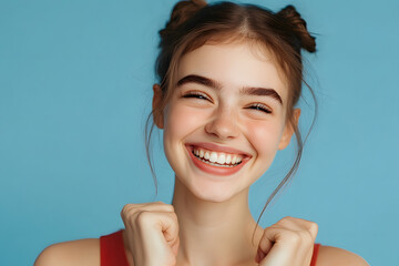 Wall Mural - Woman smiling with perfect smile on the blue studio background