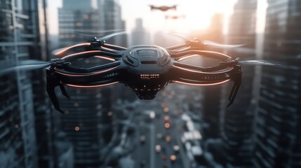 Wall Mural - A futuristic drone hovers above a bustling city skyline at sunset, showcasing advanced technology and urban innovation.