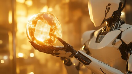 Poster - A futuristic robot holds a glowing energy sphere, symbolizing advanced technology and innovation in a vibrant, sci-fi environment.