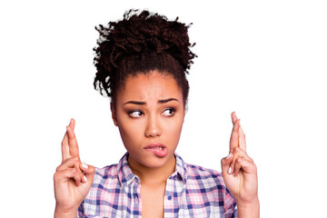 Sticker - Close up photo of anxious beautiful college lady expect test result want high mark learning concept feel sad negative unhappy wear trendy stylish checked shirt top-knot isolated on purple background