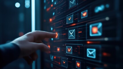Poster - A hand interacting with a digital interface featuring email icons and notifications, symbolizing technology and communication.
