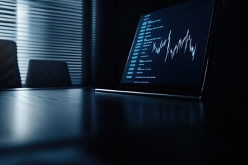 Poster - A laptop displaying financial data on a dark desk with sleek design, perfect for showcasing modern technology and analytics.